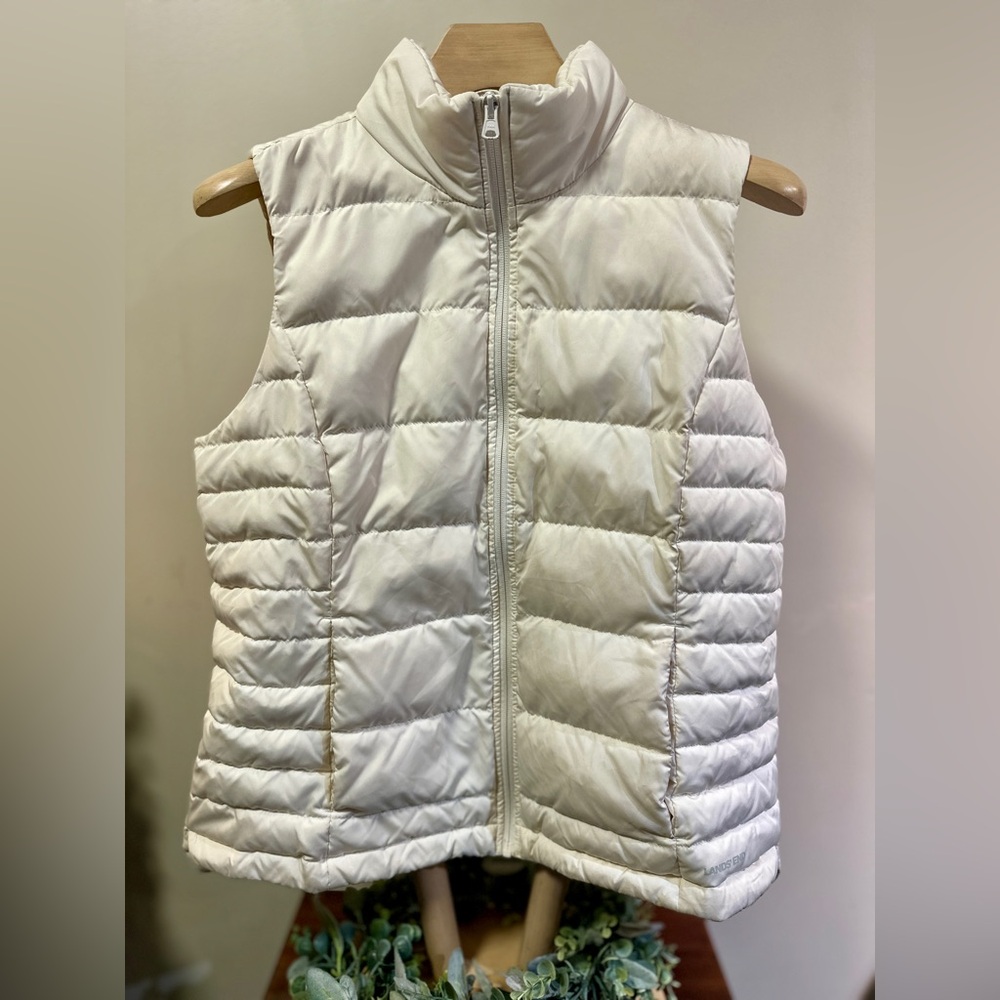 Lands’ End Women’s Cream Quilted Puffer Vest Full Zip Lightweight Size L